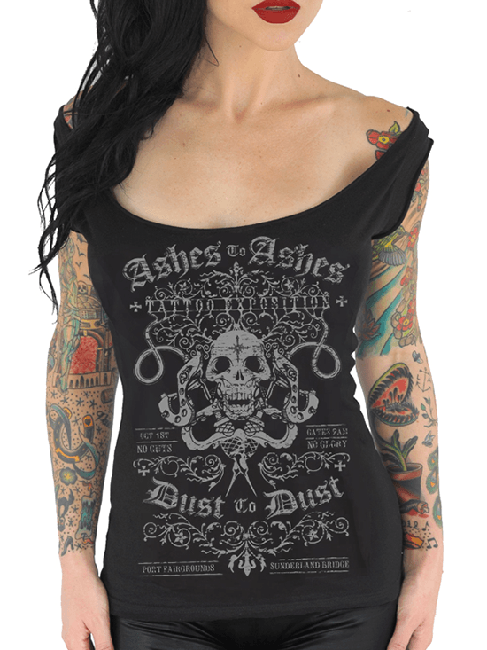 Women&#39;s &quot;Ashes To Ashes&quot; Off The Shoulder Tee by Serpentine Clothing (Black) - www.inkedshop.com