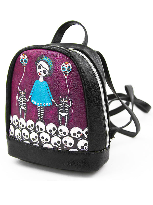 Skeleton Girl with Balloon Cats Mini Backpack