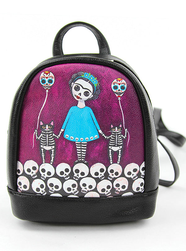 Skeleton Girl with Balloon Cats Mini Backpack
