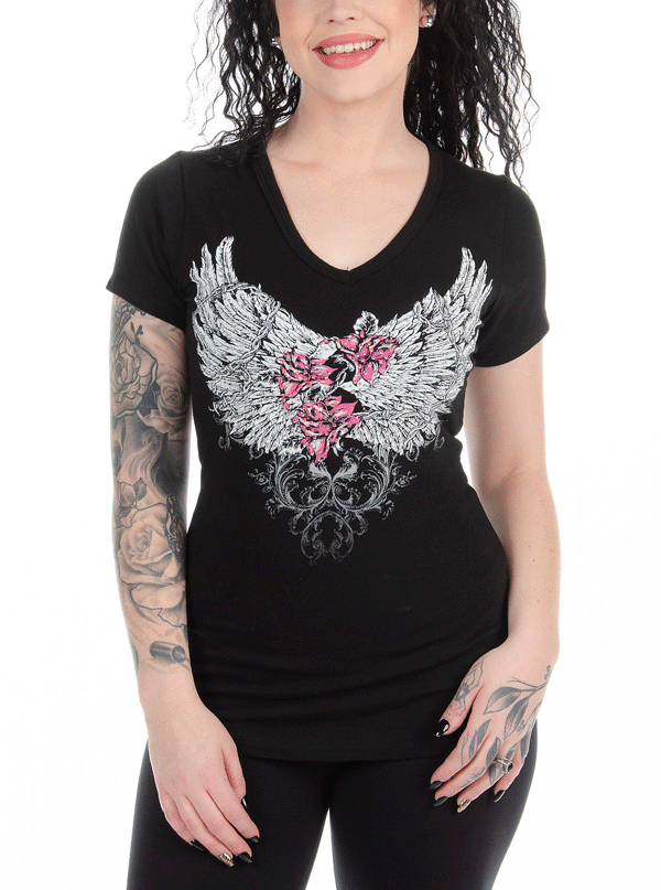 Women&#39;s Barbed Wire and Roses V-Neck Tee
