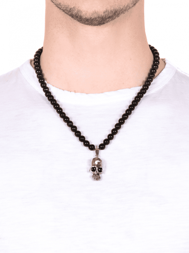 &quot;Black Beaded Skull&quot; Necklace (Black/Silver) - InkedShop - 2