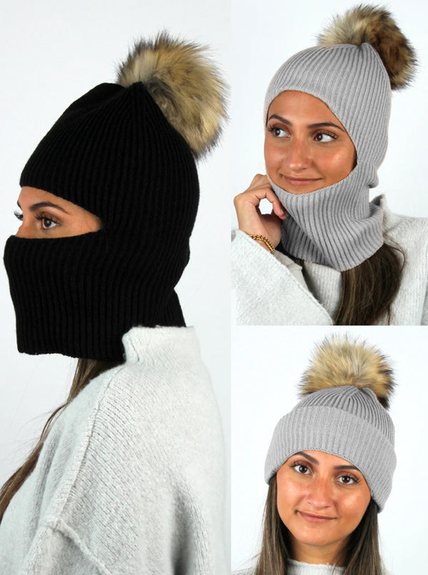 Face Covering Knit Pom Beanie