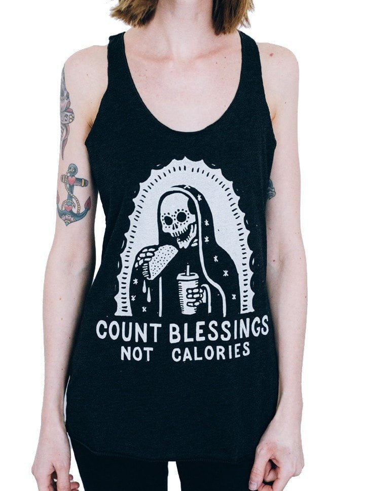 Women&#39;s &quot;Count Blessings Not Calories&quot; Racerback Tank by Pyknic (Black) - www.inkedshop.com