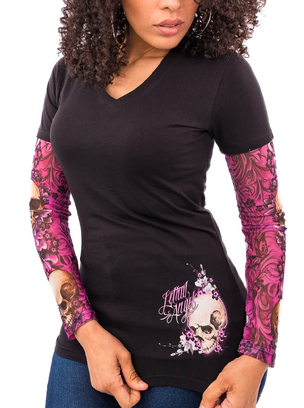 Women&#39;s Skull Blossoms Tattoo Sleeve Tee