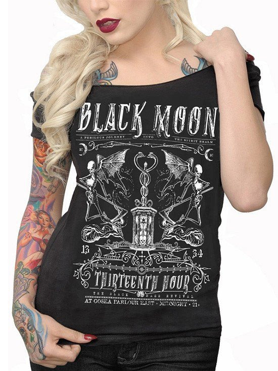 Women&#39;s &quot;Black Moon&quot; Off The Shoulder Tee by Serpentine Clothing (Black) - www.inkedshop.com