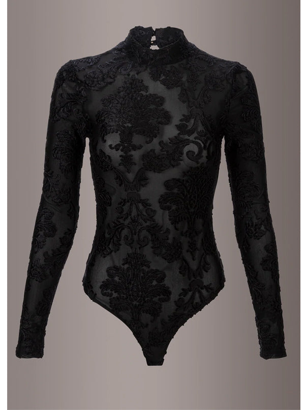 Women&#39;s Mesh Velvet Brocade Bodysuit