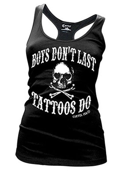 Women&#39;s &quot;Boys Don&#39;t Last, Tattoos Do&quot; Racerback Tank by Cartel Ink (Black) - www.inkedshop.com