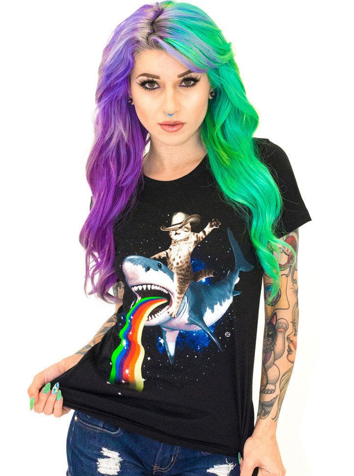 Women&#39;s &quot;Bucking Sharkaroo&quot; Tee by Goodie Two Sleeves (Black) - www.inkedshop.com