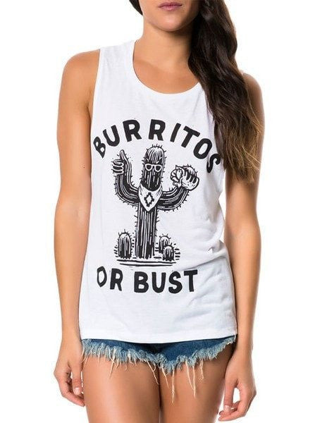 Women&#39;s &quot;Burritos Or Bust&quot; Muscle Tee by Pyknic (White) - www.inkedshop.com