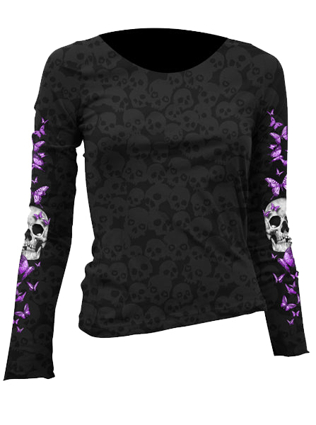 Women&#39;s &quot;Butterfly Skull&quot; Long Sleeve Burnout Tee by Lethal Angel (Black) - www.inkedshop.com