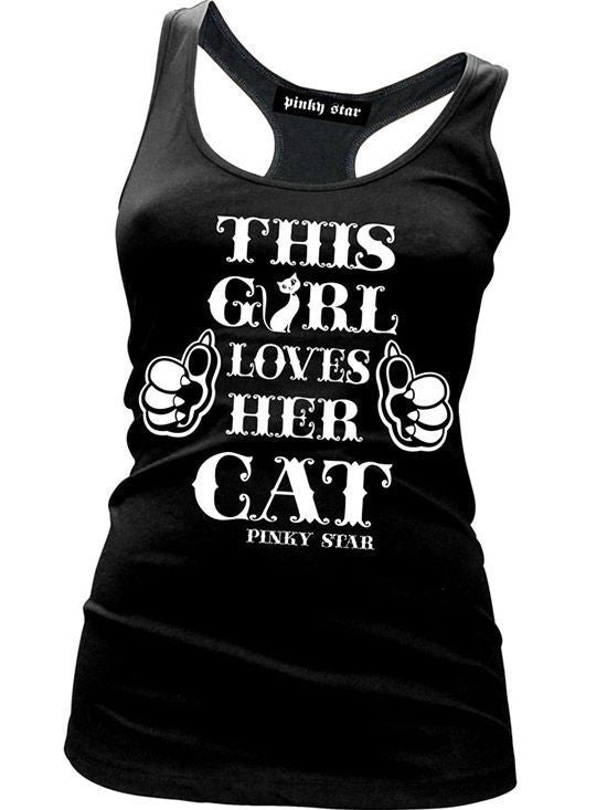 Women&#39;s &quot;This Girl Loves Her Cats&quot; Racerback Tank by Pinky Star (Black/White) - www.inkedshop.com