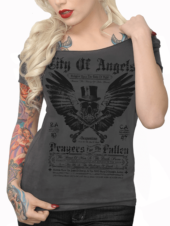 Women&#39;s &quot;City of Angels&quot; Off The Shoulder Tee by Serpentine Clothing (Grey) - www.inkedshop.com