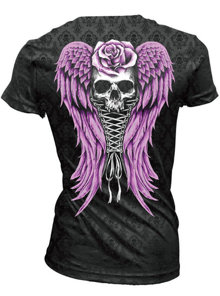 Women&#39;s &quot;Corset Winged Skull&quot; Burnout Tee by Lethal Angel (Grey) - www.inkedshop.com