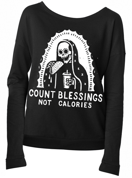Women&#39;s &quot;Count Blessings Not Calories&quot; Scoop Neck Long Sleeve Tee by Pyknic (Black) - www.inkedshop.com