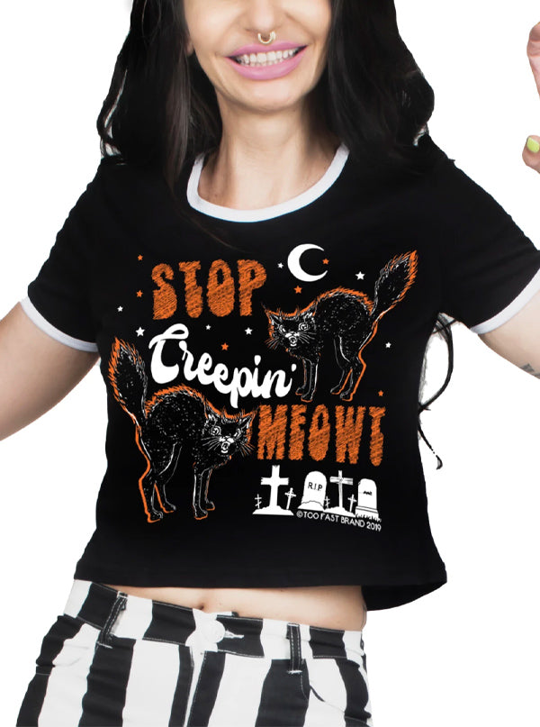 Women&#39;s Stop Creepin&#39; Meowt Ringer Crop Tee