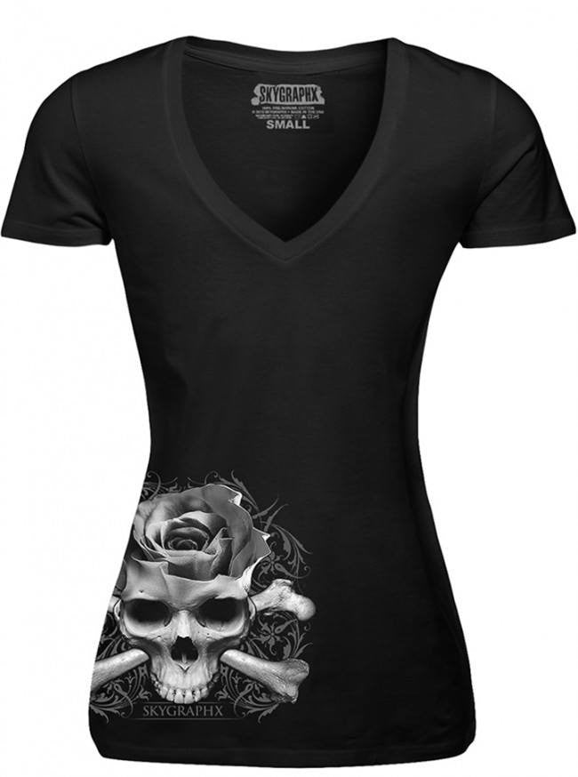 Women&#39;s &quot;Crossed Rose Skull&quot; V Neck Tee by Skygraphx (Black) - www.inkedshop.com