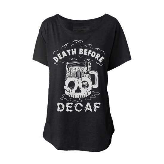 Women&#39;s &quot;Death Before Decaf&quot; Dolman Tee by Pyknic (Heather Black) - InkedShop - 1
