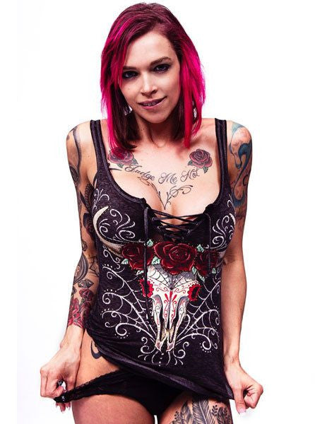 Women&#39;s &quot;D.O.D Western Skull&quot; Lace Up Tank by Lethal Angel (Black) - www.inkedshop.com