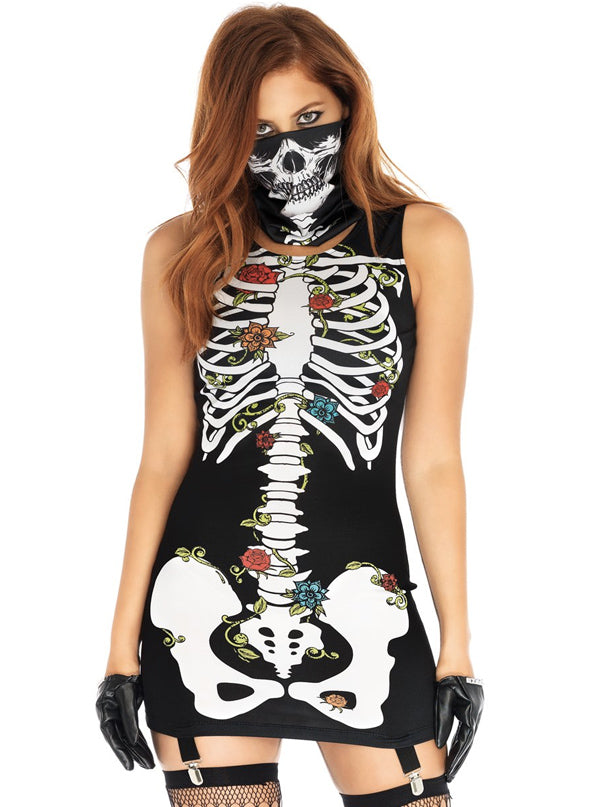 Women&#39;s Skeleton Garter Dress + Face Mask