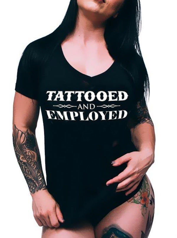 Women&#39;s Tattooed And Employed V-Neck Tee