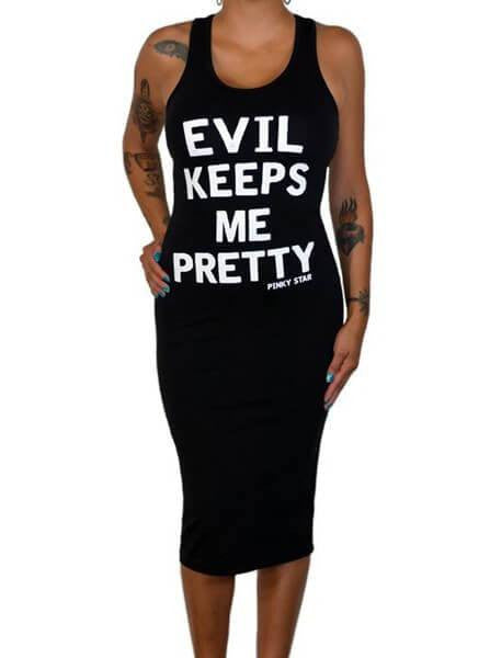 Women&#39;s &quot;Evil Keeps Me Pretty&quot; Fitted Tank Dress by Pinky Star (Black) - www.inkedshop.com