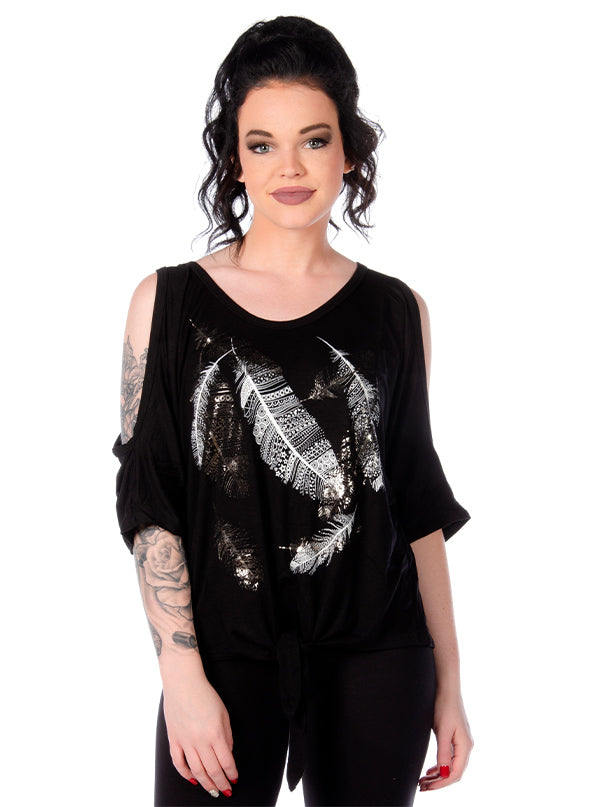 Women&#39;s Falling Feathers Cold Shoulder Top