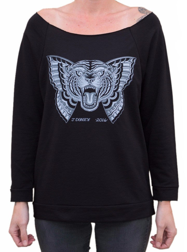 Women&#39;s &quot;Flying Tiger&quot; Unfinished Scoop Neck Sweatshirt by Black Market Art (Black) - www.inkedshop.com