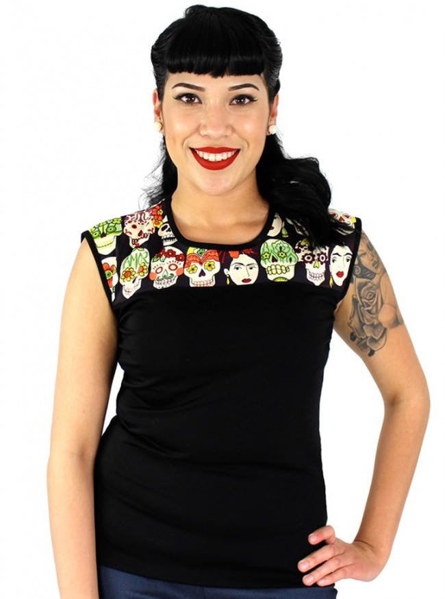 Women&#39;s &quot;Frida Day of the Dead&quot; Top by Hemet (Black) - www.inkedshop.com