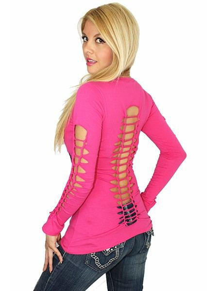 Women&#39;s &quot;Holy Hell&quot; Bombshell Slash Sleeve L/S Tee by Demi Loon (Pink) - www.inkedshop.com