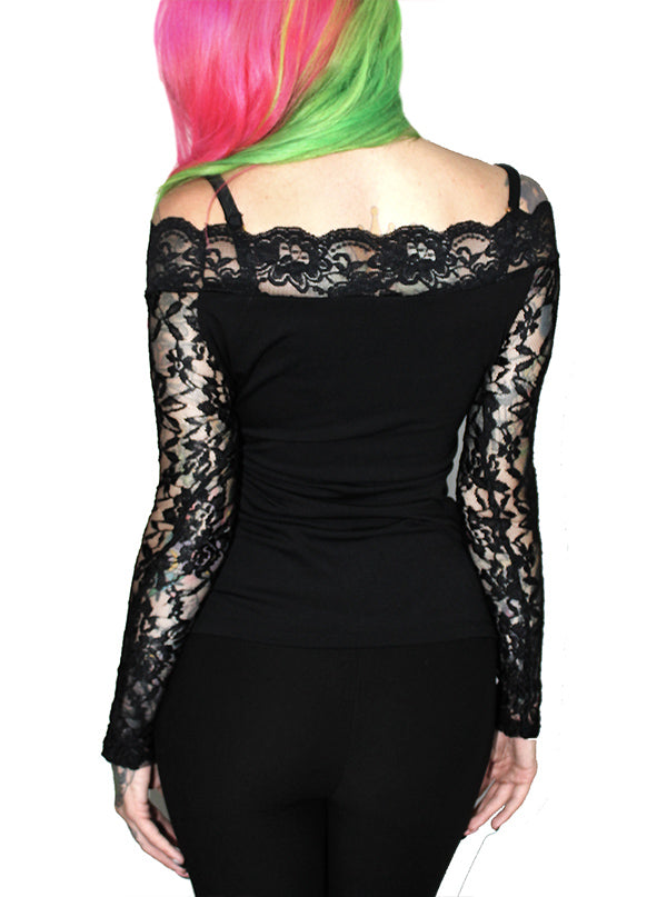 Women&#39;s Holy Hell Skull Lace Off Shoulder Tee