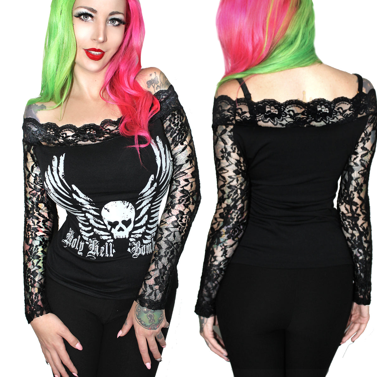 Women&#39;s Holy Hell Skull Lace Off Shoulder Tee