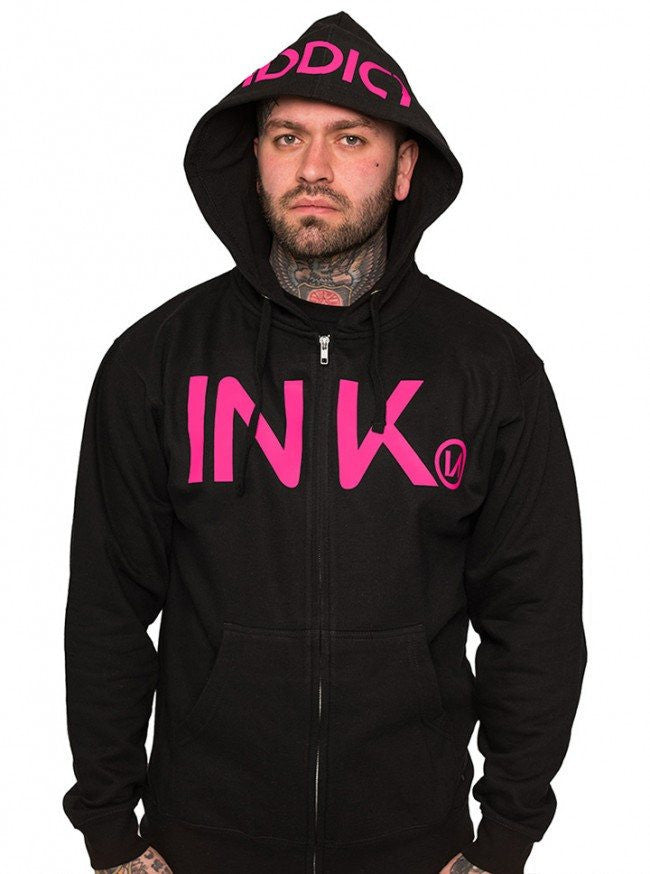 Men&#39;s &quot;Ink&quot; Midweight Zip-Up Hoodie by InkAddict (Black/Pink) - InkedShop - 1