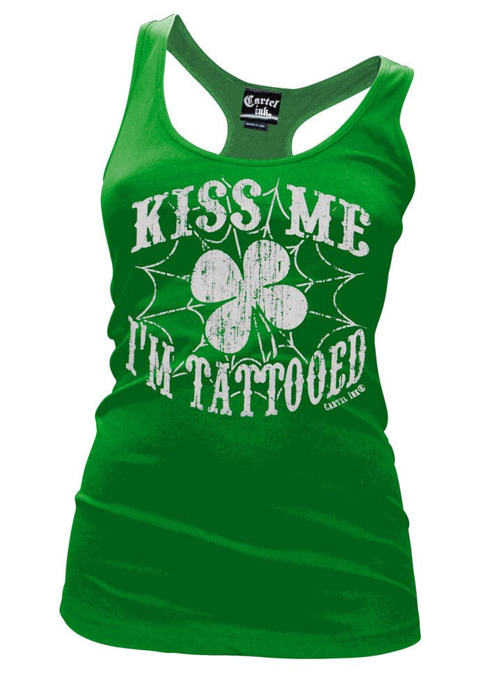 Women&#39;s &quot;Kiss Me I_Ñém Tattooed&quot; Racerback Tank by Cartel Ink (Green) - www.inkedshop.com