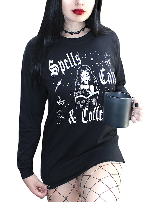 Women&#39;s Spells Cats and Coffee Long Sleeve Tee