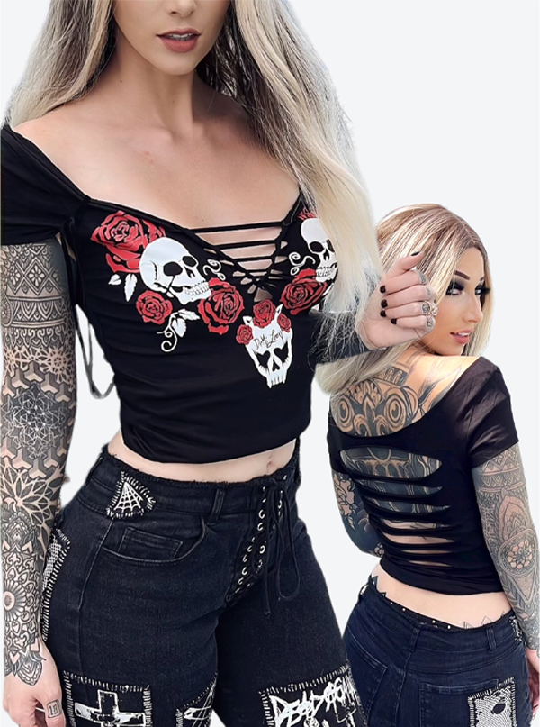 Women&#39;s Love to Death Skulls &amp; Roses Cut-Out Tee