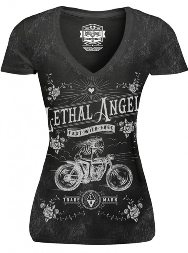 Women&#39;s &quot;Skeleton Biker&quot; Tee by Lethal Angel (Washed Black) - www.inkedshop.com