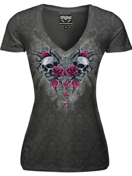 Women&#39;s &quot;Twin Skull&quot; Burnout Tee by Lethal Angel (Grey) - www.inkedshop.com