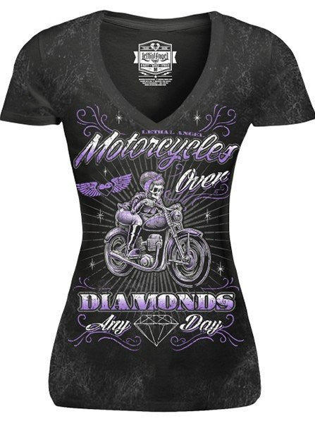 Women&#39;s &quot;Motorcycles Over Diamonds&quot; V Neck Tee by Lethal Angel (Wash Black) - www.inkedshop.com