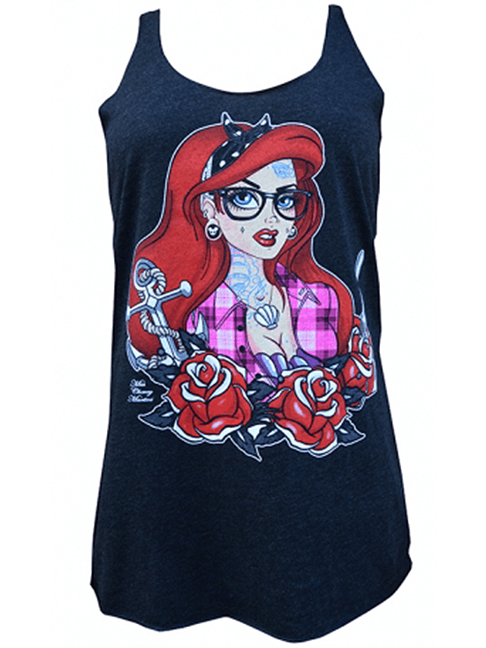Women&#39;s &quot;Tattooed Mermaid&quot; Unfinished Racerback Tank by Lowbrow Art Company (Vintage Black) - www.inkedshop.com