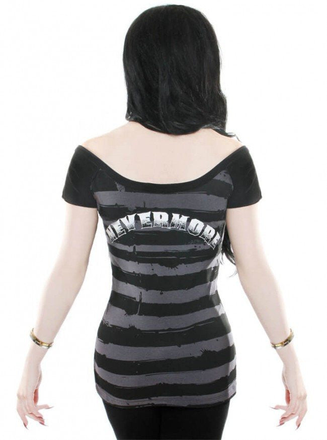 Women&#39;s &quot;Nevermore&quot; Striped Shoulder Top by Kreepsville 666 (Black/Grey) - www.inkedshop.com