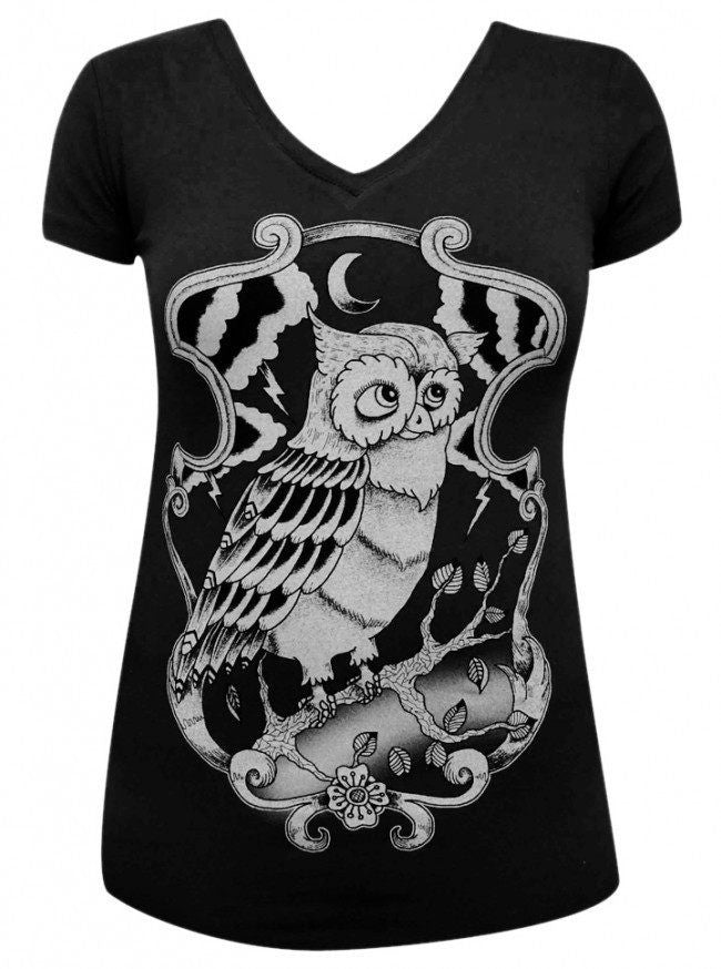 Women&#39;s &quot;Night Owl&quot; V-Neck Tee by Black Market Art (Black) - InkedShop - 2