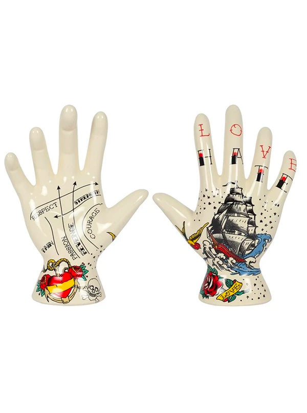 19cm Tattoo Hand Ornament with Love Hate on the right hand fingers. - www.inkedshop.com