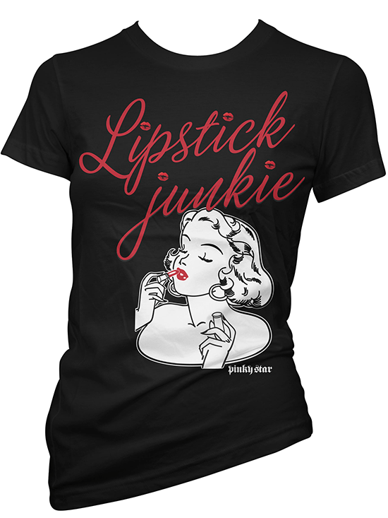 Women&#39;s &quot;Lipstick Junkie&quot; Tee by Pinky Star (Black) - www.inkedshop.com