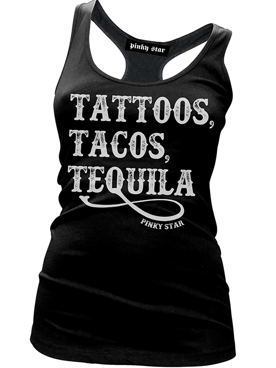Women&#39;s &quot;Tattoos, Tacos and Tequila&quot; Tank by Pinky Star (Black) - www.inkedshop.com