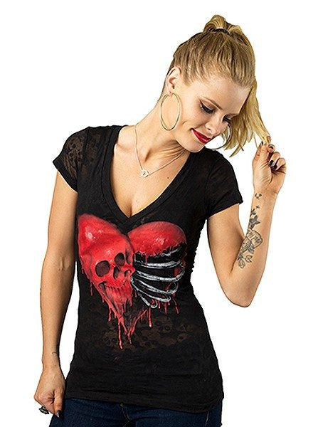 Women&#39;s &quot;Ribcage Heart Skull&quot; Burnout Tee by Lethal Angel (Black) - www.inkedshop.com