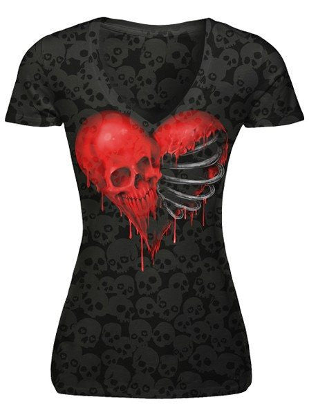 Women&#39;s &quot;Ribcage Heart Skull&quot; Burnout Tee by Lethal Angel (Black) - www.inkedshop.com