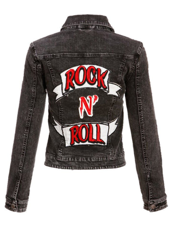 Women&#39;s &quot;Rock n Roll&quot; Denim Jacket by Pretty Attitude Clothing (Black) - www.inkedshop.com