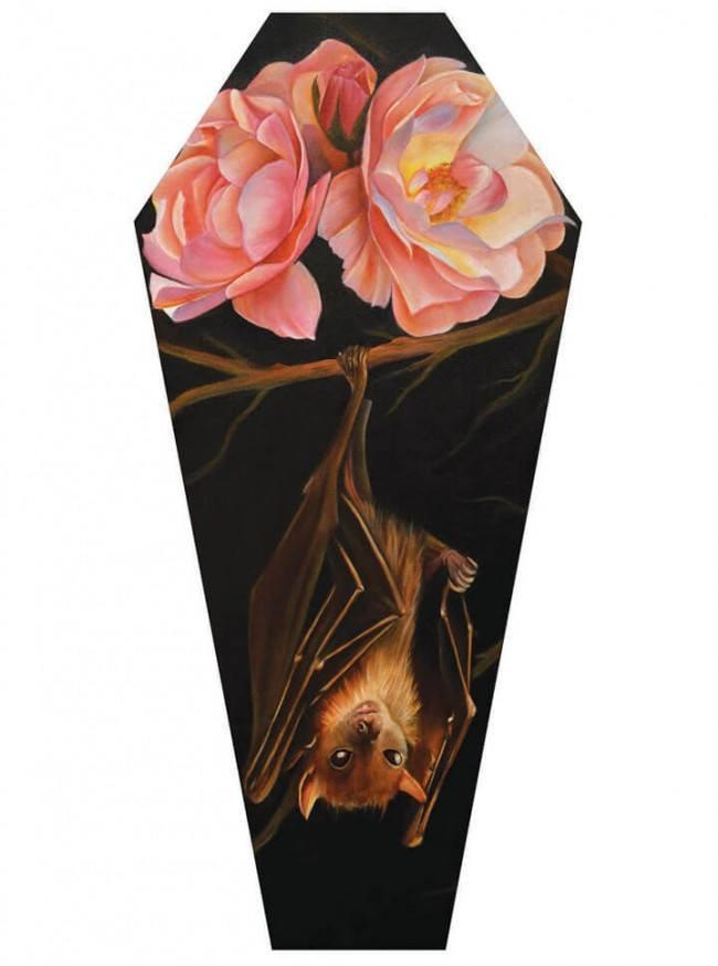 Rose &amp; Bat Canvas Coffin by Noel Terracina