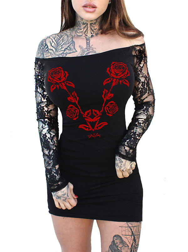 Women&#39;s Gothic Rose Lace Long Sleeve Mini Dress