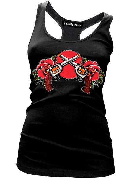 Women&#39;s &quot;Roses and Guns&quot; Racerback Tank by Pinky Star (Black) - www.inkedshop.com